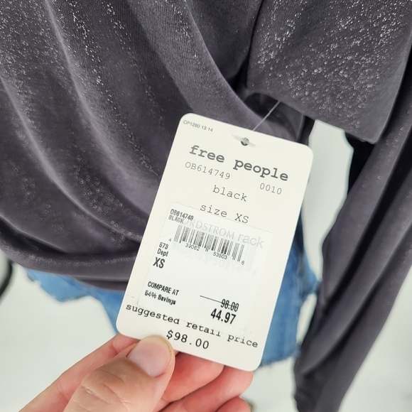 Free People Olivia Relaxed Henley Top Gray Sparkle Glitter Long Sleeve XS NWT - Picture 4 of 8